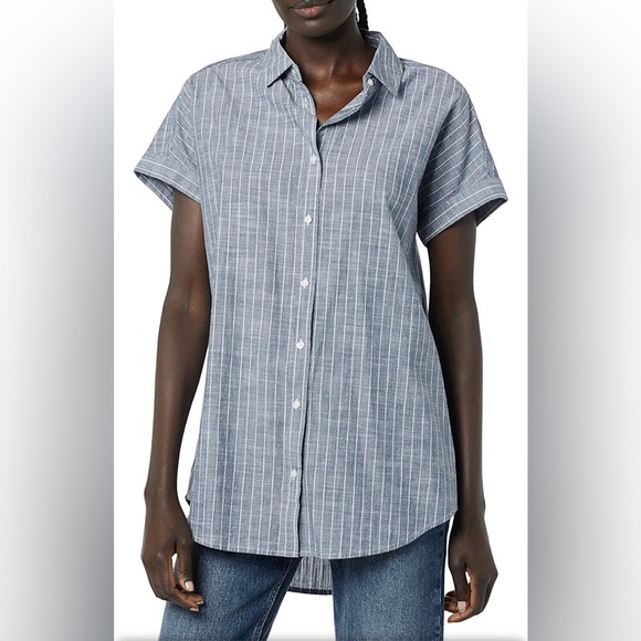 Women's Oversized Washed Cotton Short-Sleeve Tunic, Dark Blue/White Pinstripe - Picture 1 of 4